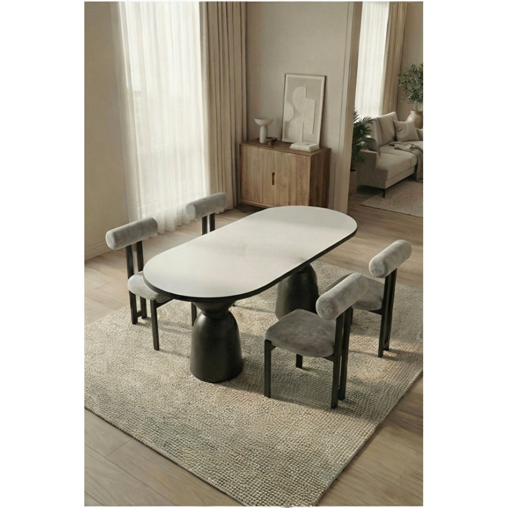 Stewehome Σετ τραπεζαρίας 4 ατόμων με λευκό τραπέζι και μαύρα μεταλλικά πόδια - γκρι140×80 cm