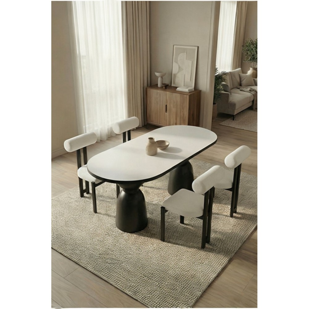 Stewehome Σετ τραπεζαρίας 4 ατόμων με λευκό τραπέζι και μαύρα μεταλλικά πόδια - λευκό140×80 cm
