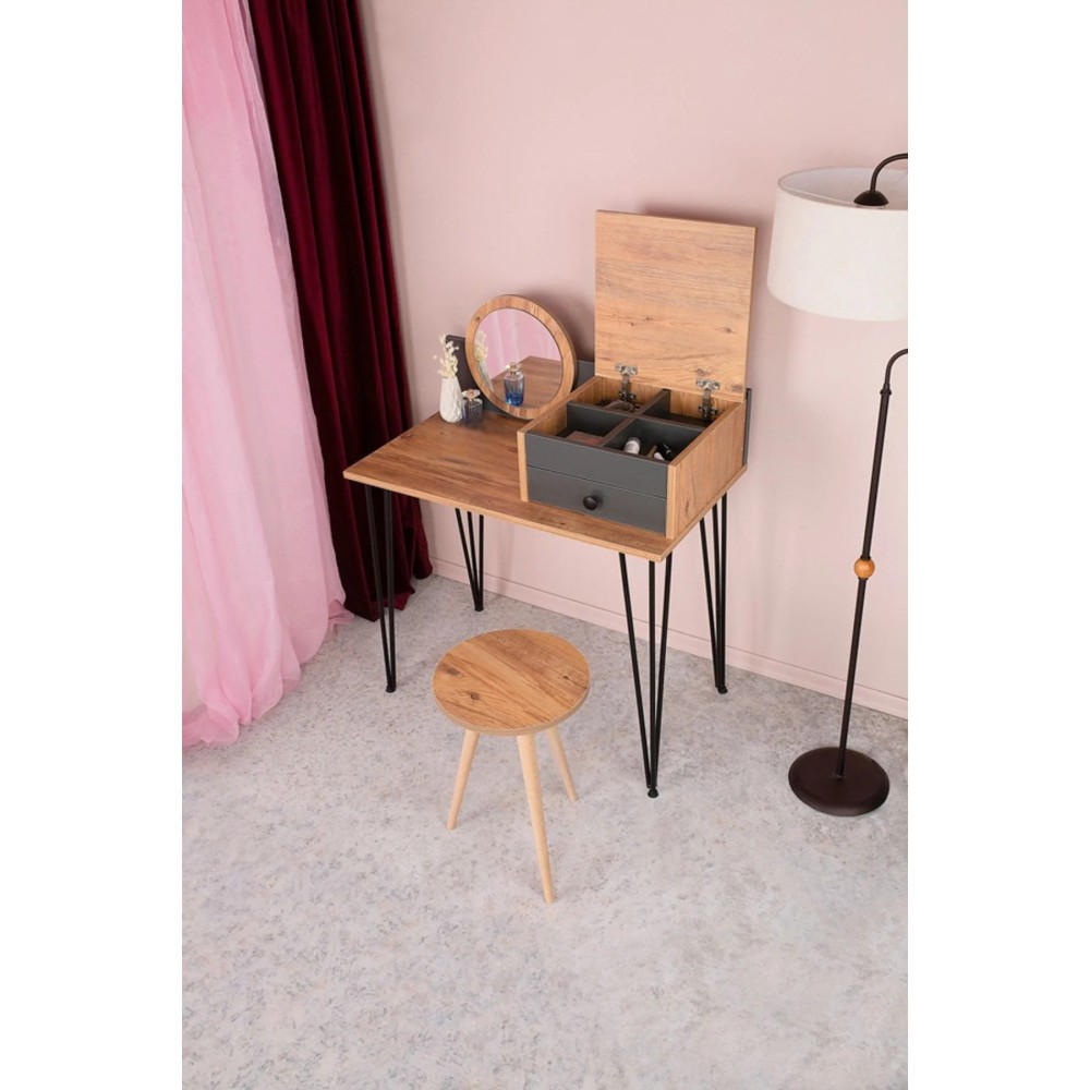 Stewehome Τουαλέτα Ομορφιάς με Καθρέπτη και Σκαμπό -δρυς/ανθρακί 80x50x71 cm