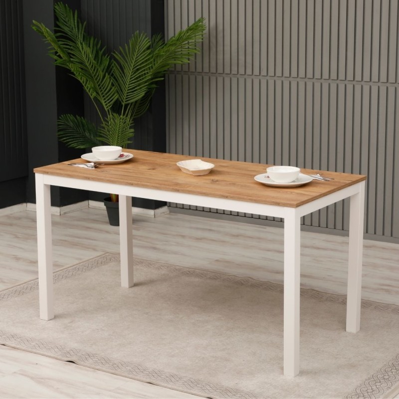 Stewehome Λευκή Τραπεζαρία με Επιφάνεια Δρυς 140x70x75cm