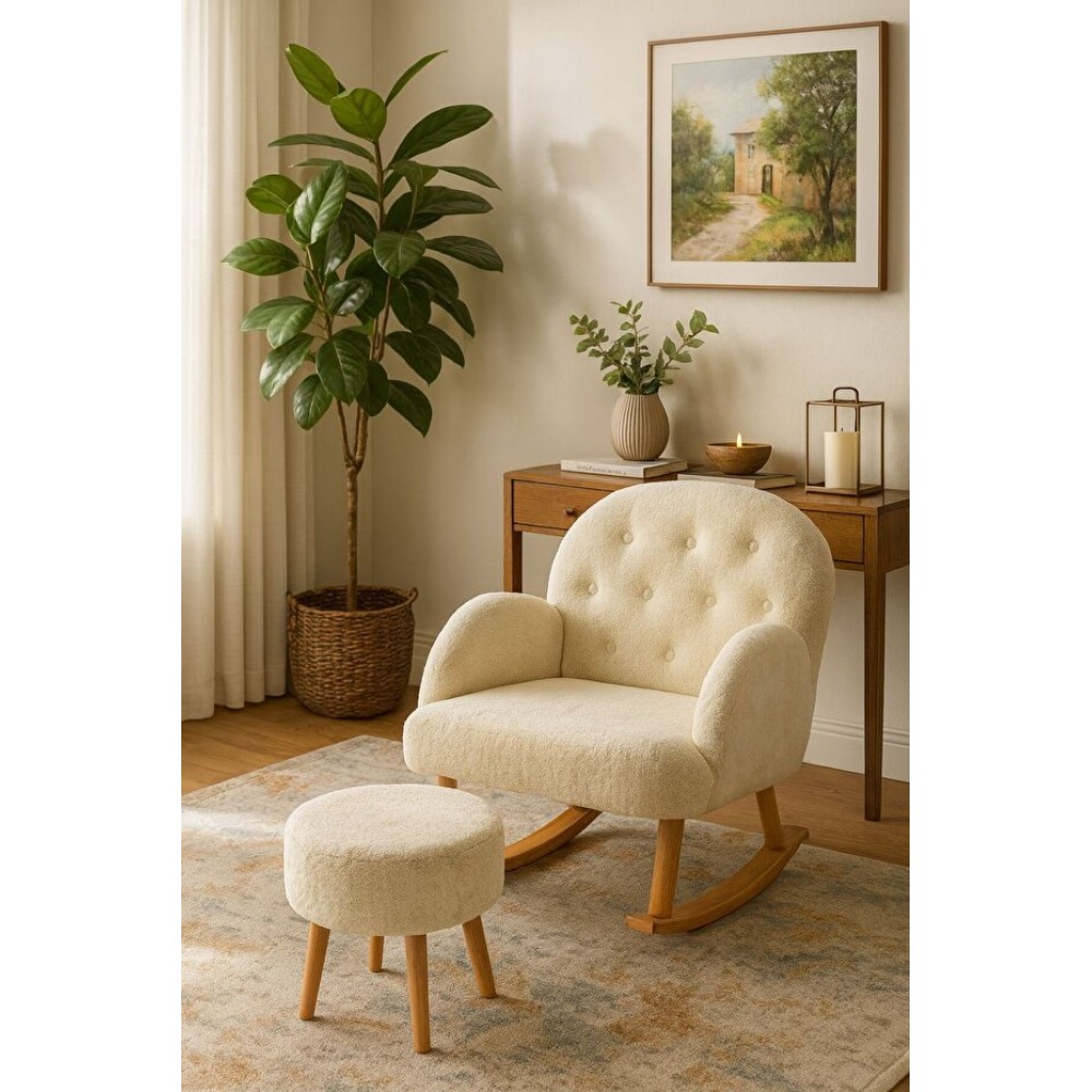 Stewehome Πολυθρόνα Χαλάρωσης Κουνιστή με Ξύλινα Πόδια-Κρεμ 65x65cm