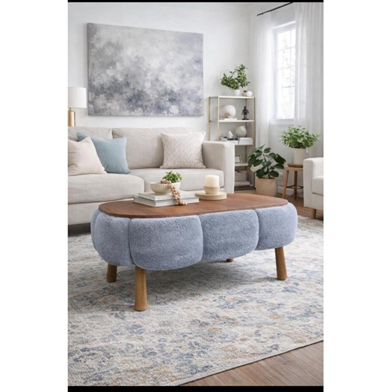 Stewehome PAPATYA Γκρι Οβάλ Τραπεζάκι με Ξύλινη Επιφάνεια 60x90cm