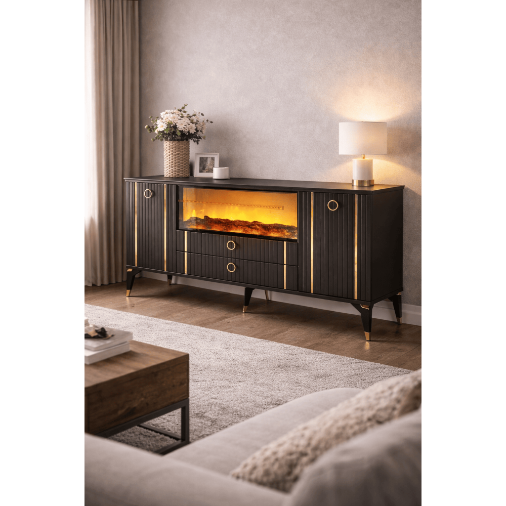 Stewehome Κονσόλα Ανθρακί με Ηλεκτρικό Τζάκι 2 Ντουλάπια 2 Συρτάρια- 160x80x44cm