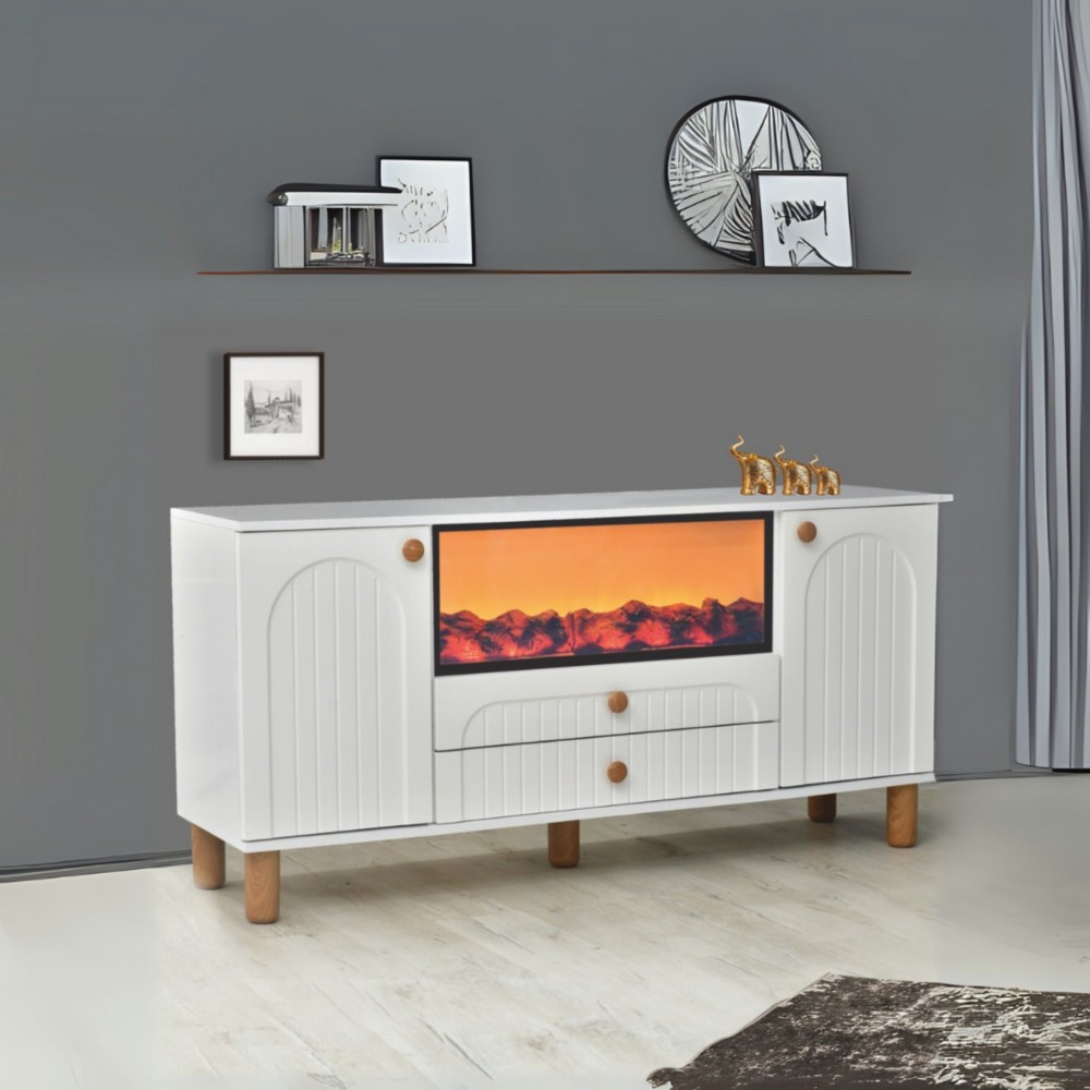 Stewehome Λευκή Κονσόλα με Ηλεκτρικό Τζάκι 2 Ντουλάπια 2 Συρτάρια 160x80x44cm