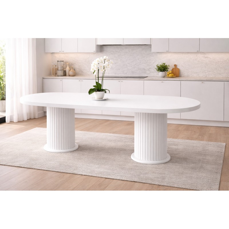 Stewehome Λευκό Τραπέζι Τραπεζαρίας MDF Οβάλ με Κυλινδρικές Βάσεις 90x170cm