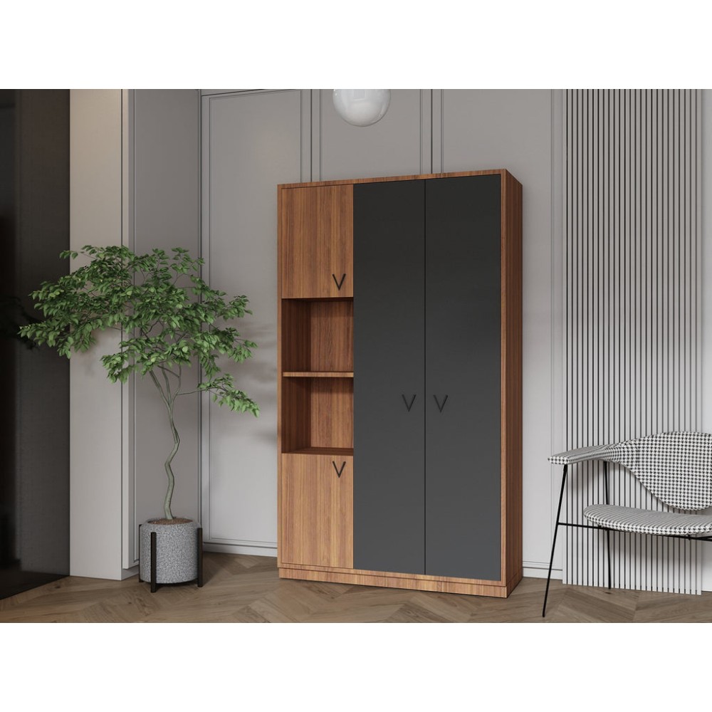 Stewehome Ντουλάπα Trian 3 Πορτών με Ανοιχτά Ράφια Καρυδί-Ανθρακί 180x90x45cm