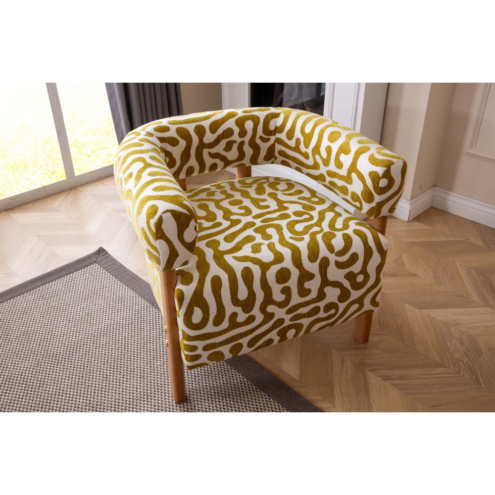 SWEET Πολυθρόνα Σαλονιού με Διακοσμητικό Σχέδιο και Ξύλινα Πόδια -μουσταρδί/λευκό 60x60x68cm