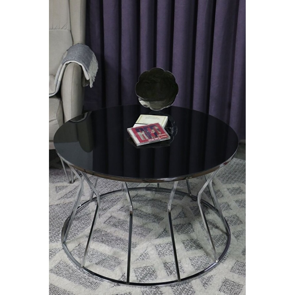 Stewehome Μεταλλικό Στρογγυλό Τραπέζι Με Μαύρο Γυαλί Σχήμα Κλεψύδρας 75x75x45cm