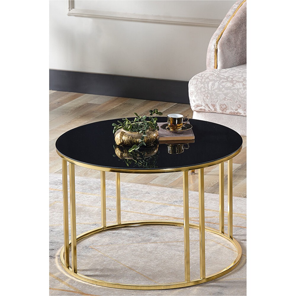 Stewehome Στρογγυλό Τραπέζι Σαλονιού Με Μαύρο Σπαστό Γυαλί Και Χρυσά Πόδια 70x70x45cm