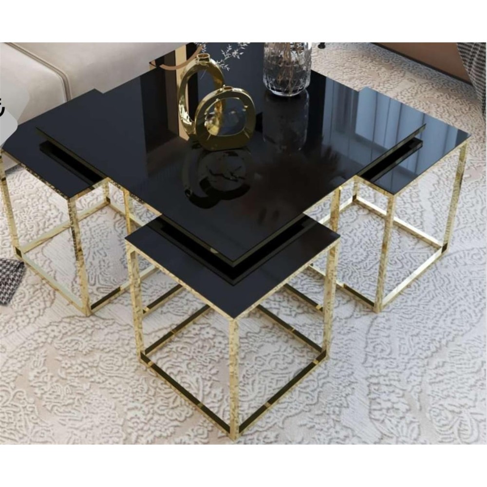 Stewehome Σετ 5 Τραπεζιών Bohem Με Χρυσά Πόδια Και Καθρέπτη - μαύρο75x75x45cm