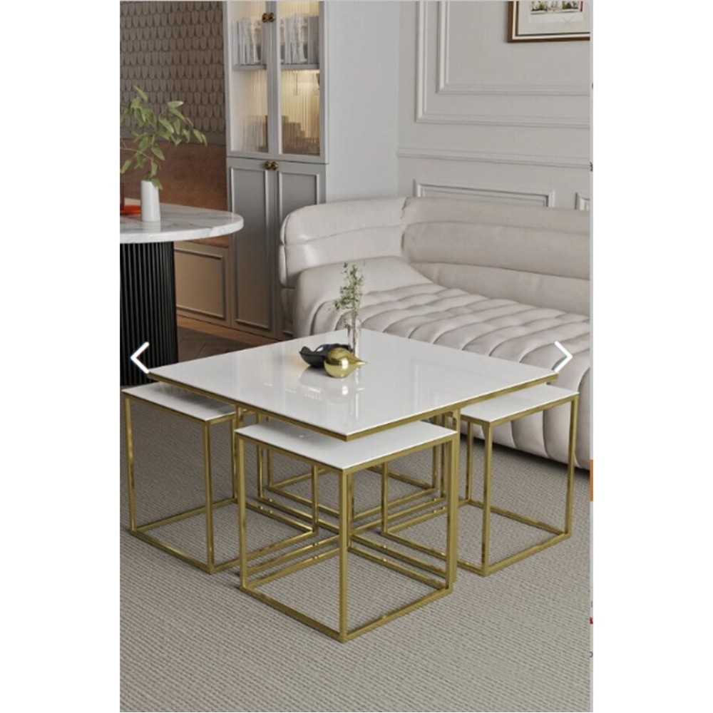 Stewehome Σετ 5 Τραπεζιών Bohem Με Χρυσά Πόδια Και Καθρέπτη - λευκό75x75x45cm