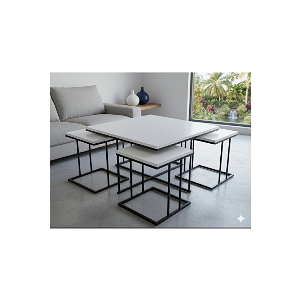 Stewehome Σετ 4+1 Τραπεζιών Bohem Τετράγωνα Με Μαύρα Πόδια - λευκό75x75x45cm