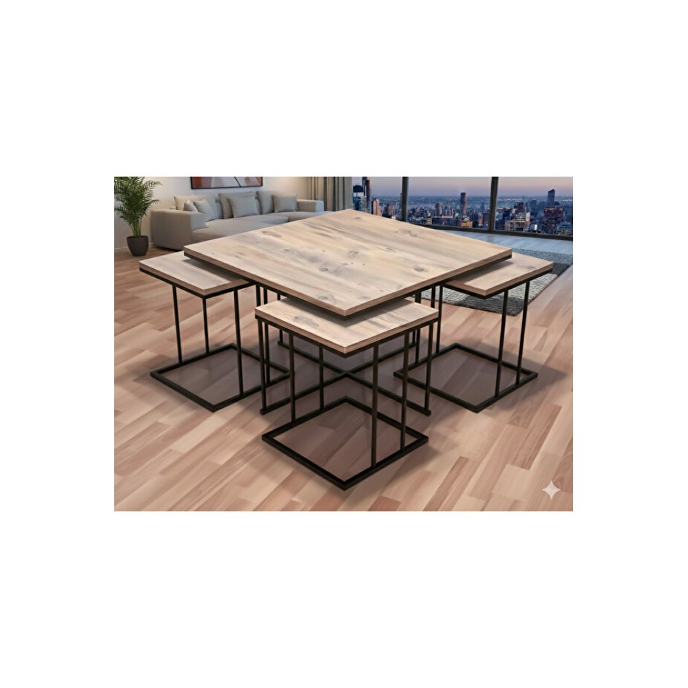 Stewehome Σετ 4+1 Τραπεζιών Bohem Τετράγωνα Με Μαύρα Πόδια - Δρυς75x75x45cm