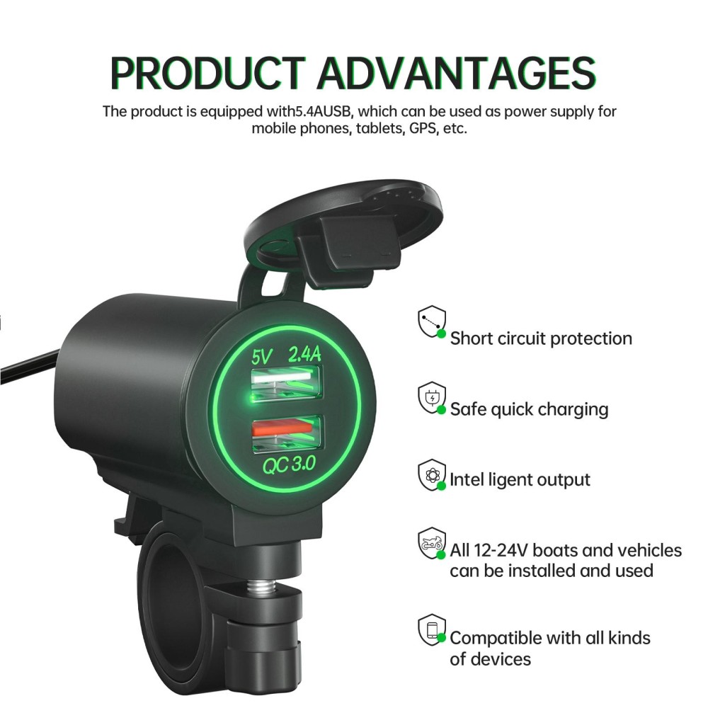 ZH-723F3 Car / Motorcycle QC3.0 Cell Phone Fast Charging Dual USB Car Charger(Green Light)