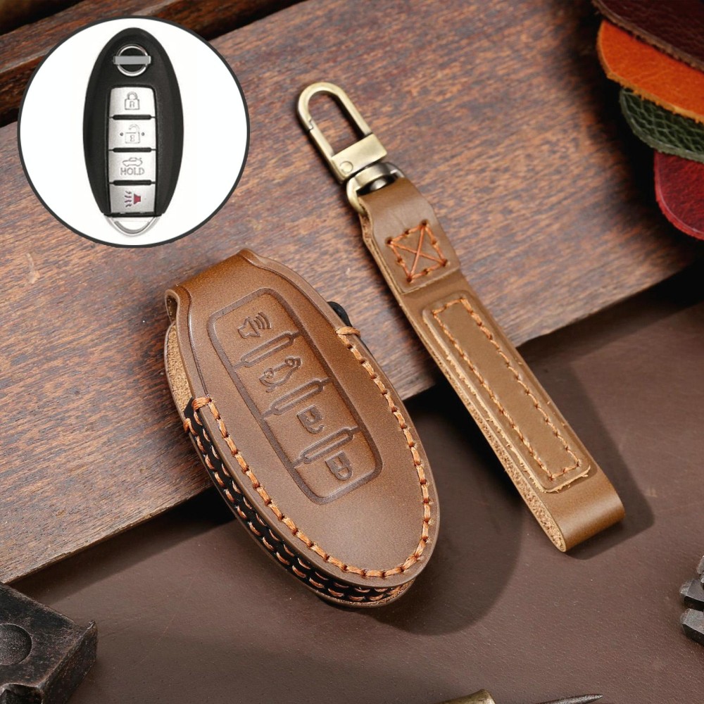 For Nissan 4-button Horn Hallmo Car Cowhide Leather Key Protective Cover Key Case(Brown)
