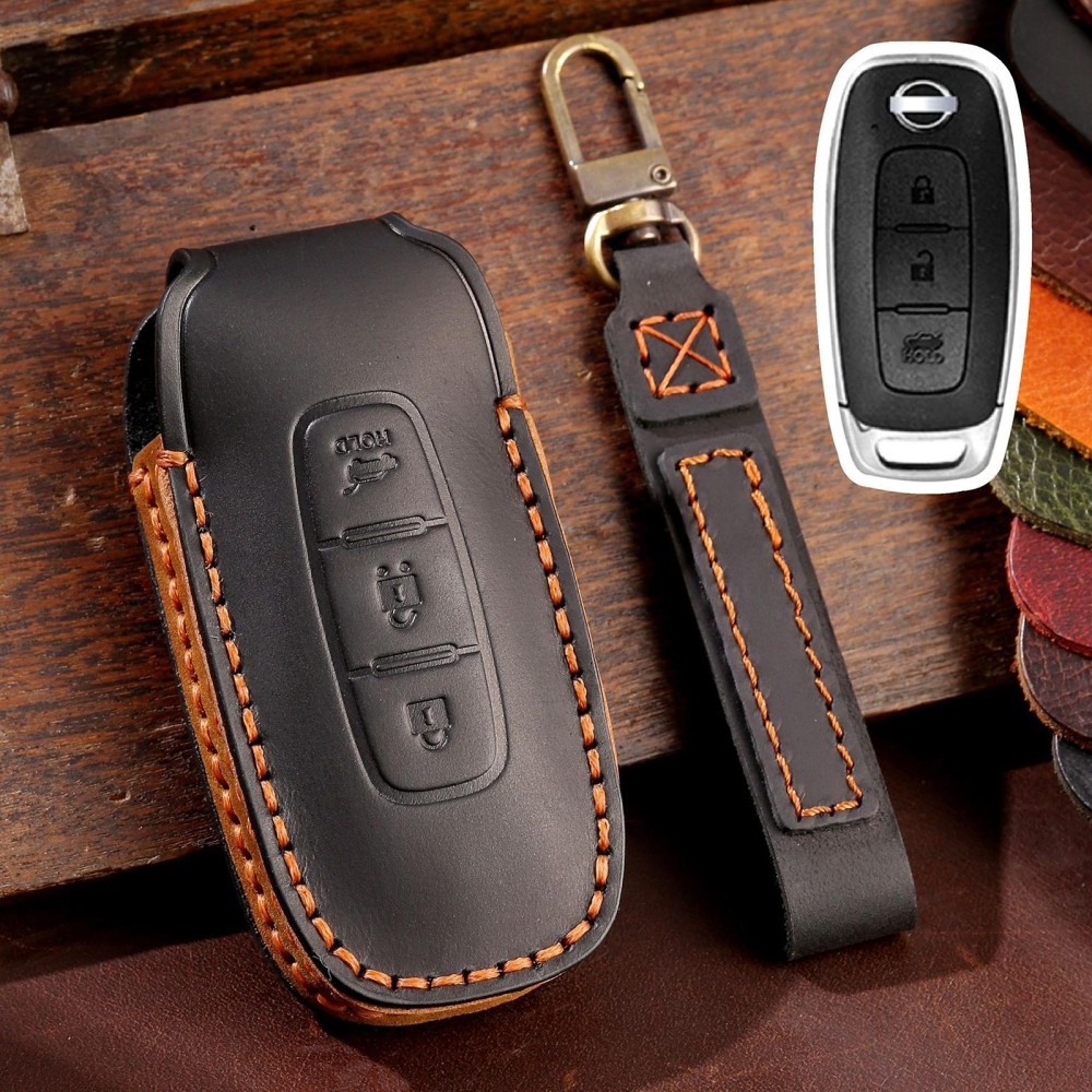 For Nissan Teana / Ariya 3-button Tail Box Hallmo Car Cowhide Leather Key Protective Cover Key Case(Black)