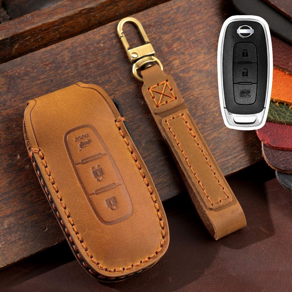 For Nissan Teana / Ariya 3-button Tail Box Hallmo Car Cowhide Leather Key Protective Cover Key Case(Brown)