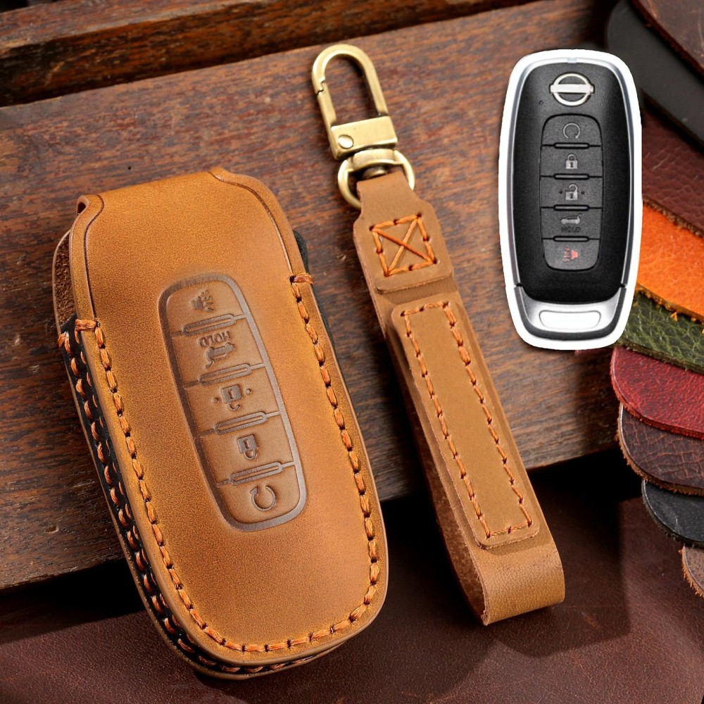 For Nissan Teana / Ariya 5-button Start Hallmo Car Cowhide Leather Key Protective Cover Key Case(Brown)
