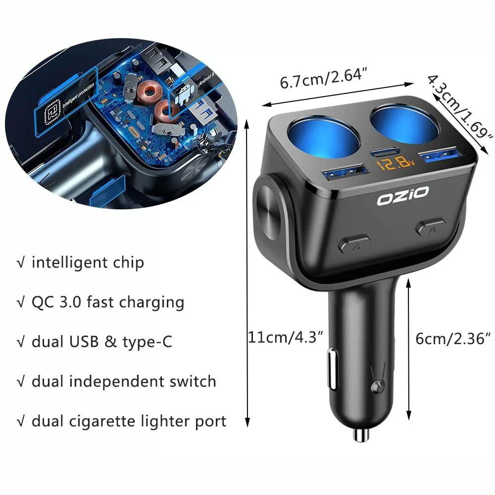 Ozio Y48TC QC3.0 + Type-C Dual Port Fast Charging Multi-function Car Charger Cigarette Lighter