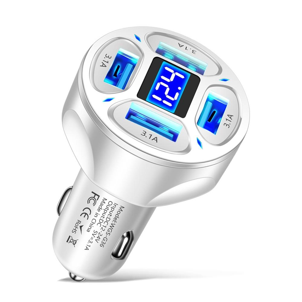 WGS-G36 3.1A 4 in 1 Digital Display Car Charger with Voltmeter (White)