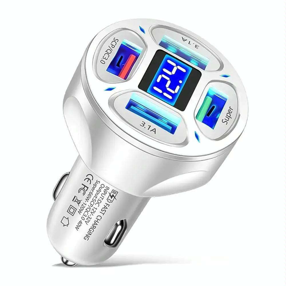 66W 4 in 1 Digital Display Fast Charging Car Charger with Voltmeter (White)
