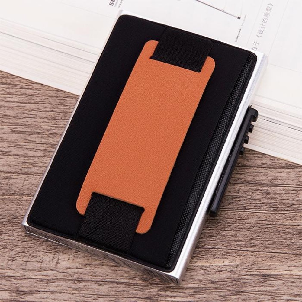 X-32C Automatically Pop-up Card Type Anti-magnetic RFID Anti-theft Men Aluminum Alloy A Dial Button Elastic Bag Wallet with PU Leather Strap(Silver)