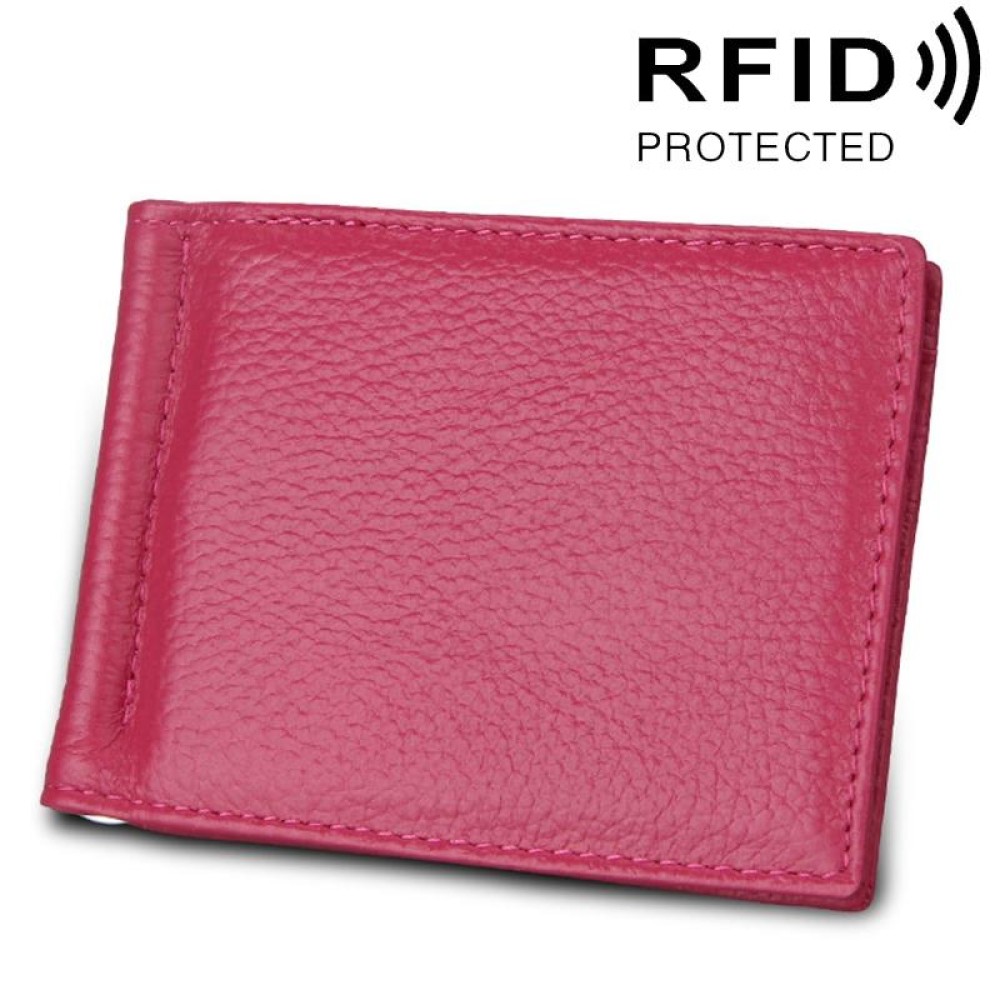 Cowhide Leather Litchi Texture Card Holder Wallet RFID Blocking Coin Purse Card Bag Protect Case with 6 Card Slots, Size: 110*82*8mm(Magenta)