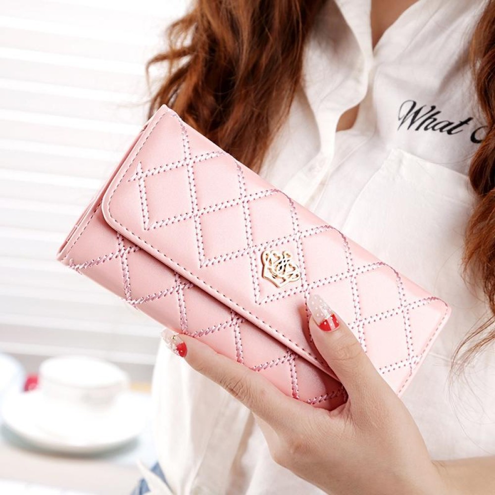 Fashion Argyles Texture Metal Crown 3-Folding Long Design PU Leather Wallet Coin Purse for Women(Pink)