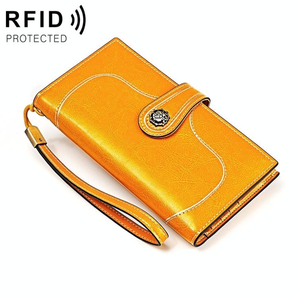 3527 Vintage Oil Wax Texture Large Capacity Long Multi-function Anti-magnetic RFID Wallet Clutch for Ladies (Yellow)