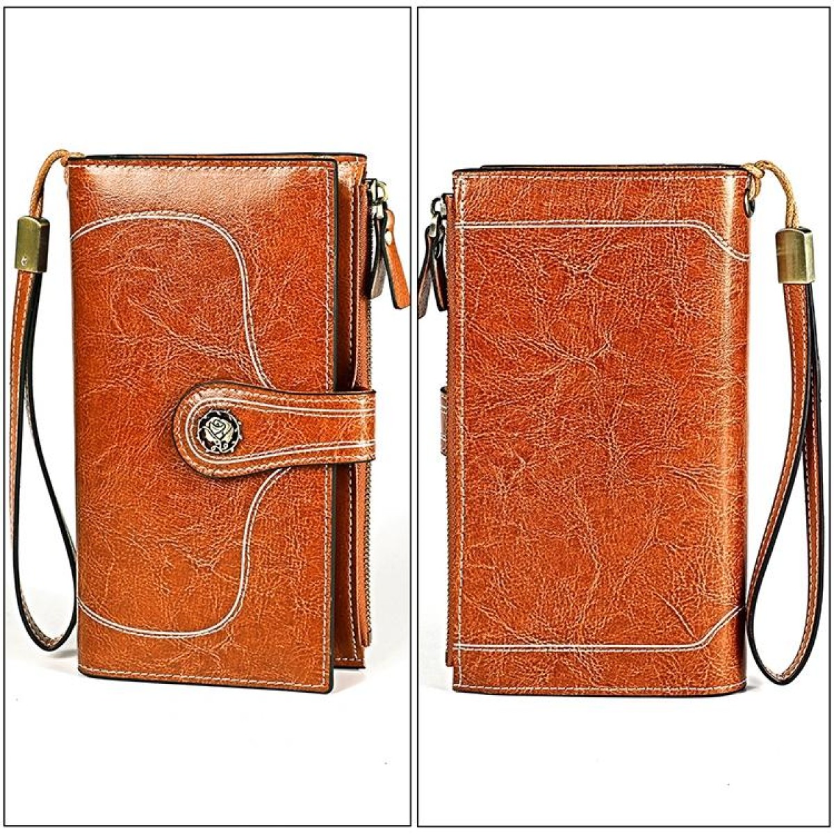 3527 Vintage Oil Wax Texture Large Capacity Long Multi-function Anti-magnetic RFID Wallet Clutch for Ladies (Brown)