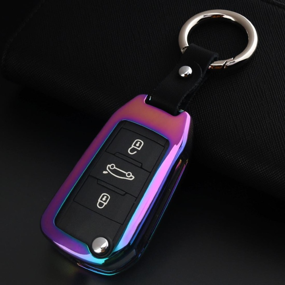 B Style Car Auto Buckle Key Shell Colorful Ring Zinc Alloy Car Chain Shell Car Key Shell Case for Peugeot, Random Color Delivery