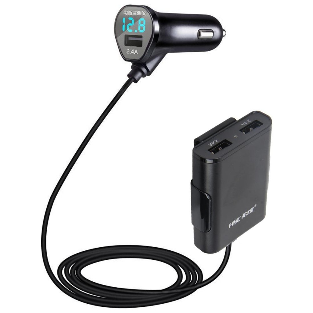 HSC-600D 3USB 7.2AMP DC 5V 2.4A and 4.8A 3-Port Passenger Car Charger Mounted Before and After Charging with Voltage, Cable Length: 1.8m