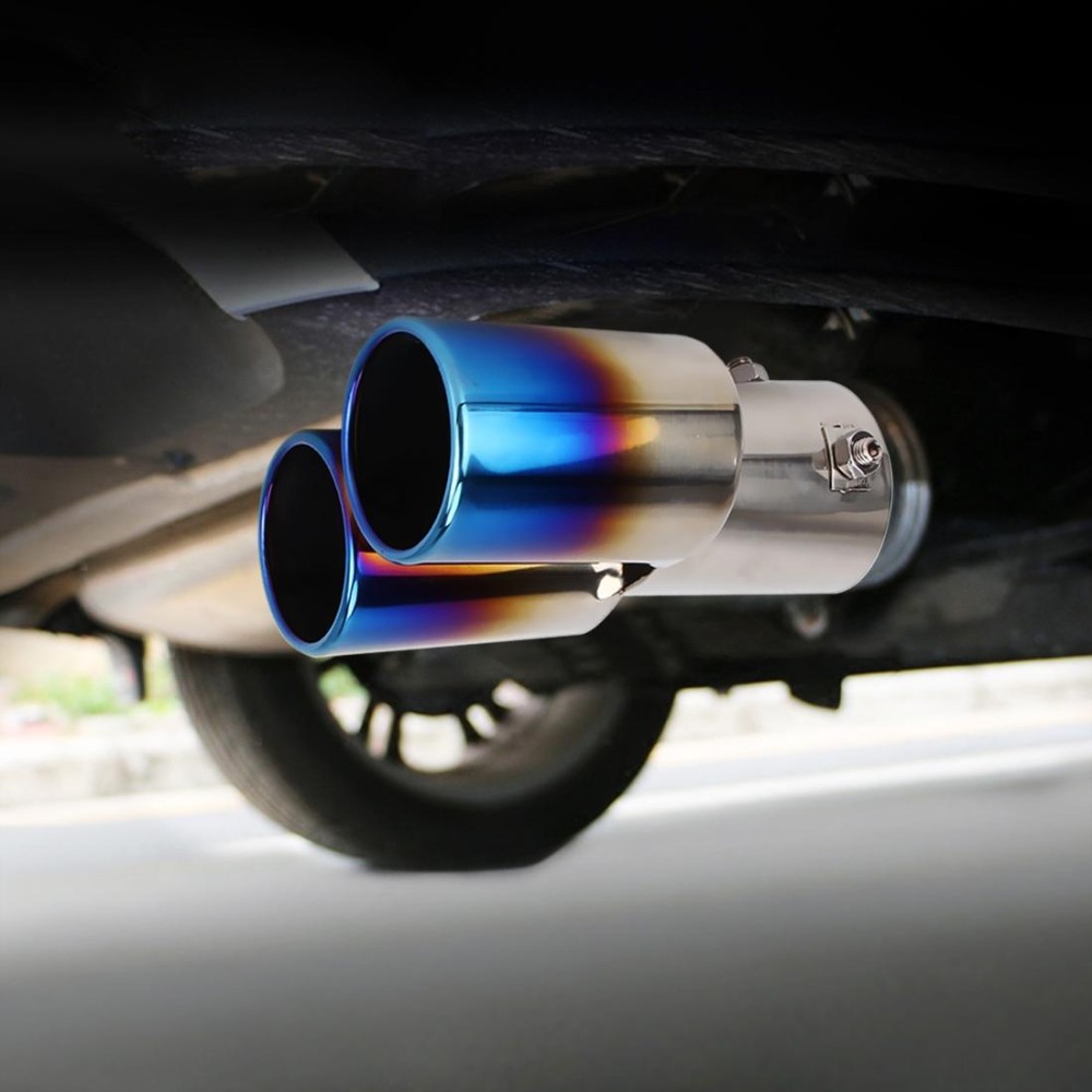 Universal Car Styling Stainless Steel Straight Double Outlets Exhaust Tail Muffler Tip Pipe(Blue)