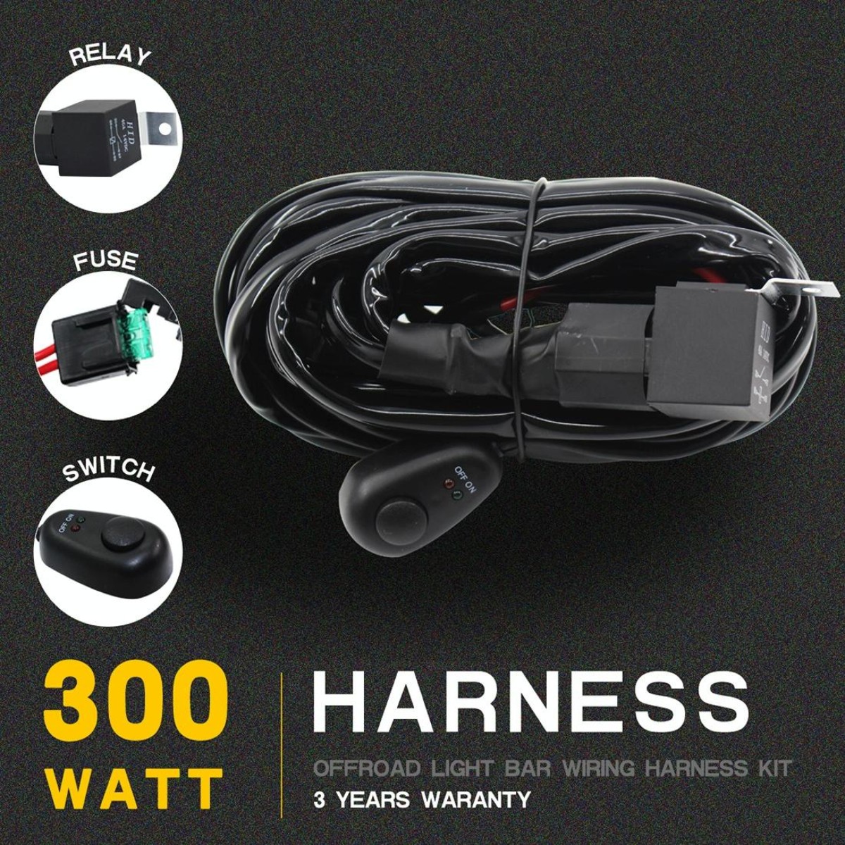Offroad Driving 300W Light Bar Wiring Harness with Fuse DC 14V 40 Amp Relay ON/OFF Switch