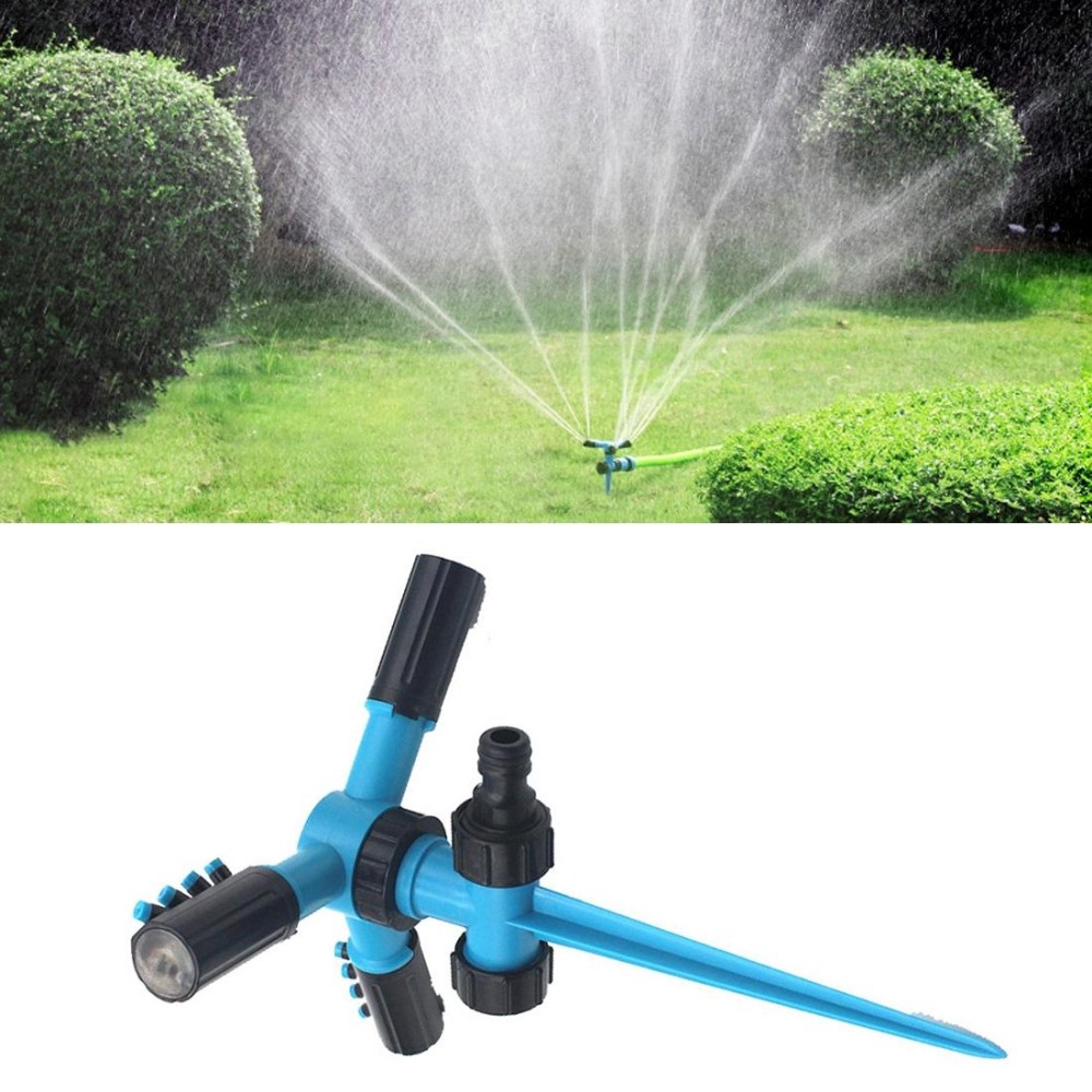 Automatic 360 Rotating Adjustable Garden Water Sprinklers Lawn Irrigation System with 3 Arm Sprayers and Spike Base(Blue)