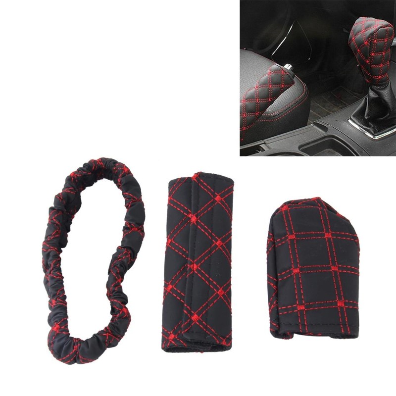 3 PCS Car Hand Brake Cover Shift Knob Gear Stick Cushion Sets Rear View Mirror Sets Cover Car Accessory Interior Decoration Pad(Red)