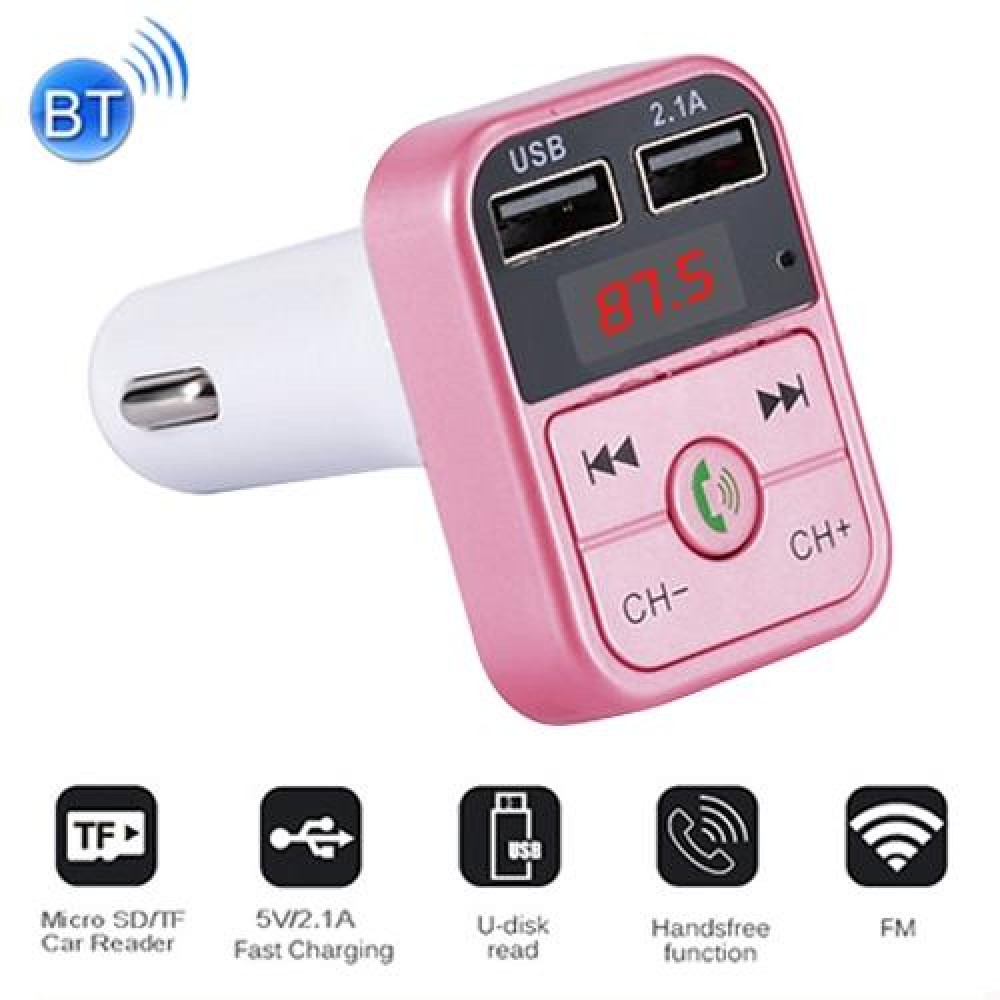 B2 Dual USB Charging Bluetooth FM Transmitter MP3 Music Player Car Kit, Support Hands-Free Call  & TF Card & U Disk (Rose Gold)