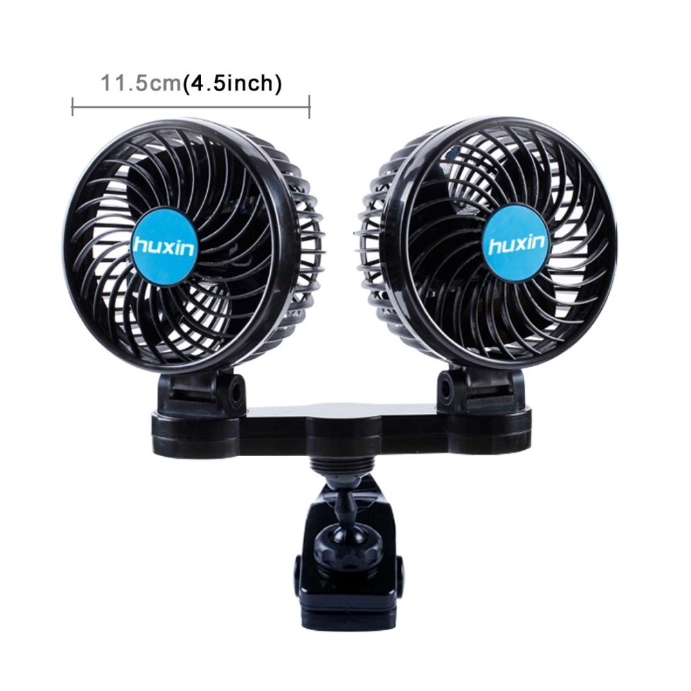 HUXIN HX-T605E 7W 360 Degree Adjustable Rotation Clip Two Head Low Noise Mini Electric Car Fan with Roller Switch, DC12V