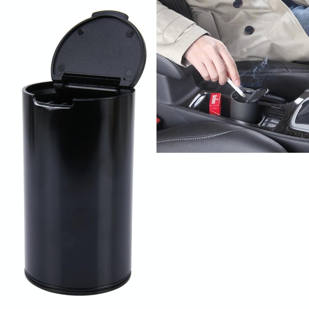 JG-036 Universal Portable Car Auto Stainless Steel Trash Rubbish Bin Ashtray for Most Car Cup Holder(Black)