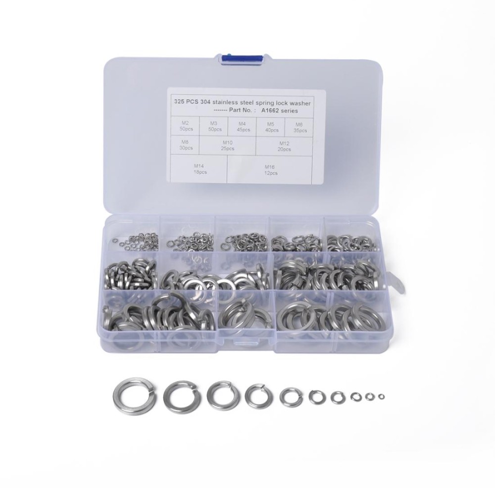 325 PCS Stainless Steel Spring Lock Washer Assorted Kit M2-M16 for Car / Boat / Home Appliance