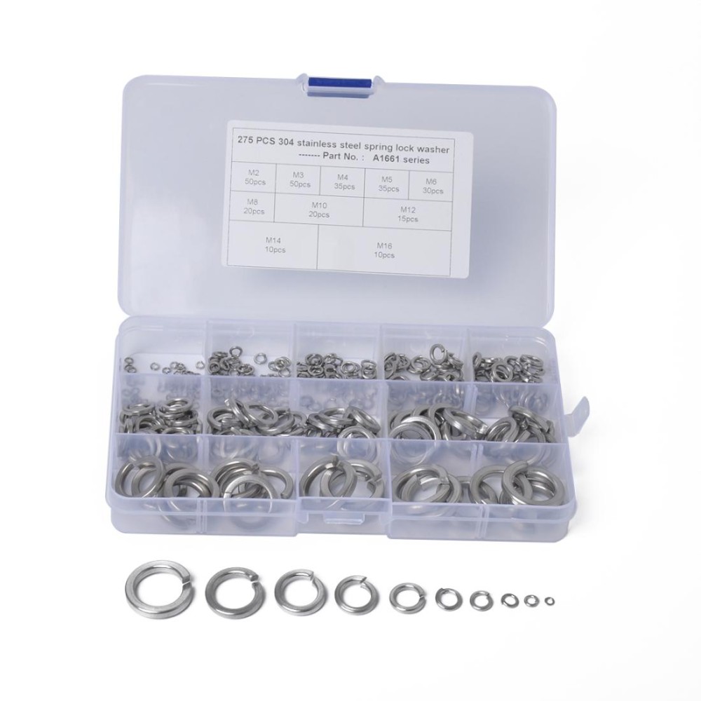 275 PCS Stainless Steel Spring Lock Washer Assorted Kit M2-M16 for Car / Boat / Home Appliance