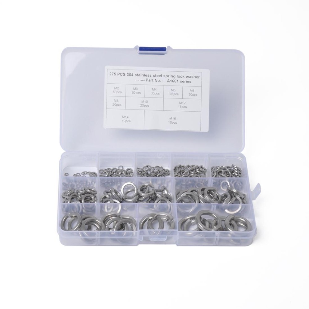 275 PCS Stainless Steel Spring Lock Washer Assorted Kit M2-M16 for Car / Boat / Home Appliance
