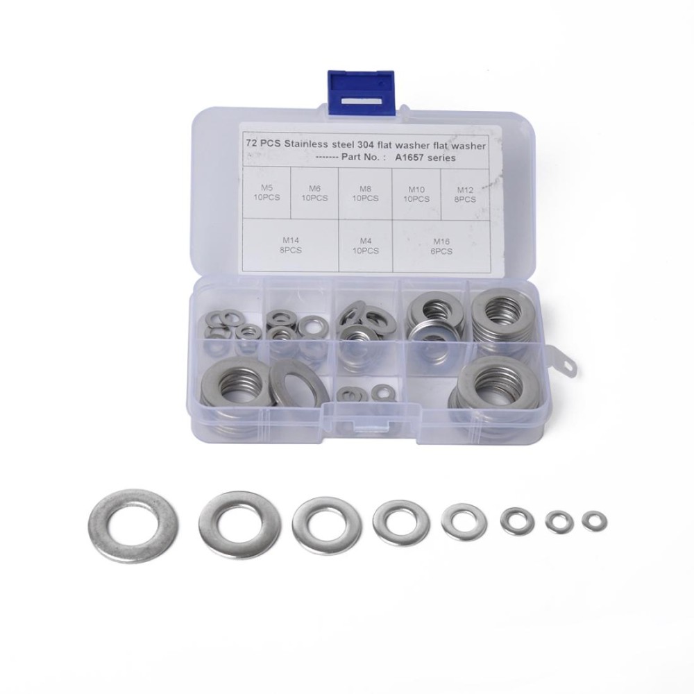 72 PCS Round Shape Stainless Steel Flat Washer Assorted Kit M4-M16 for Car / Boat / Home Appliance