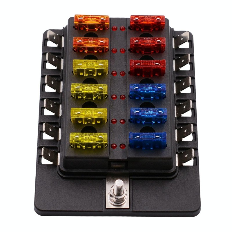 1 in 12 Out Fuse Box PC Terminal Block Fuse Holder Kits with LED Warning Indicator for Auto Car Truck Boat