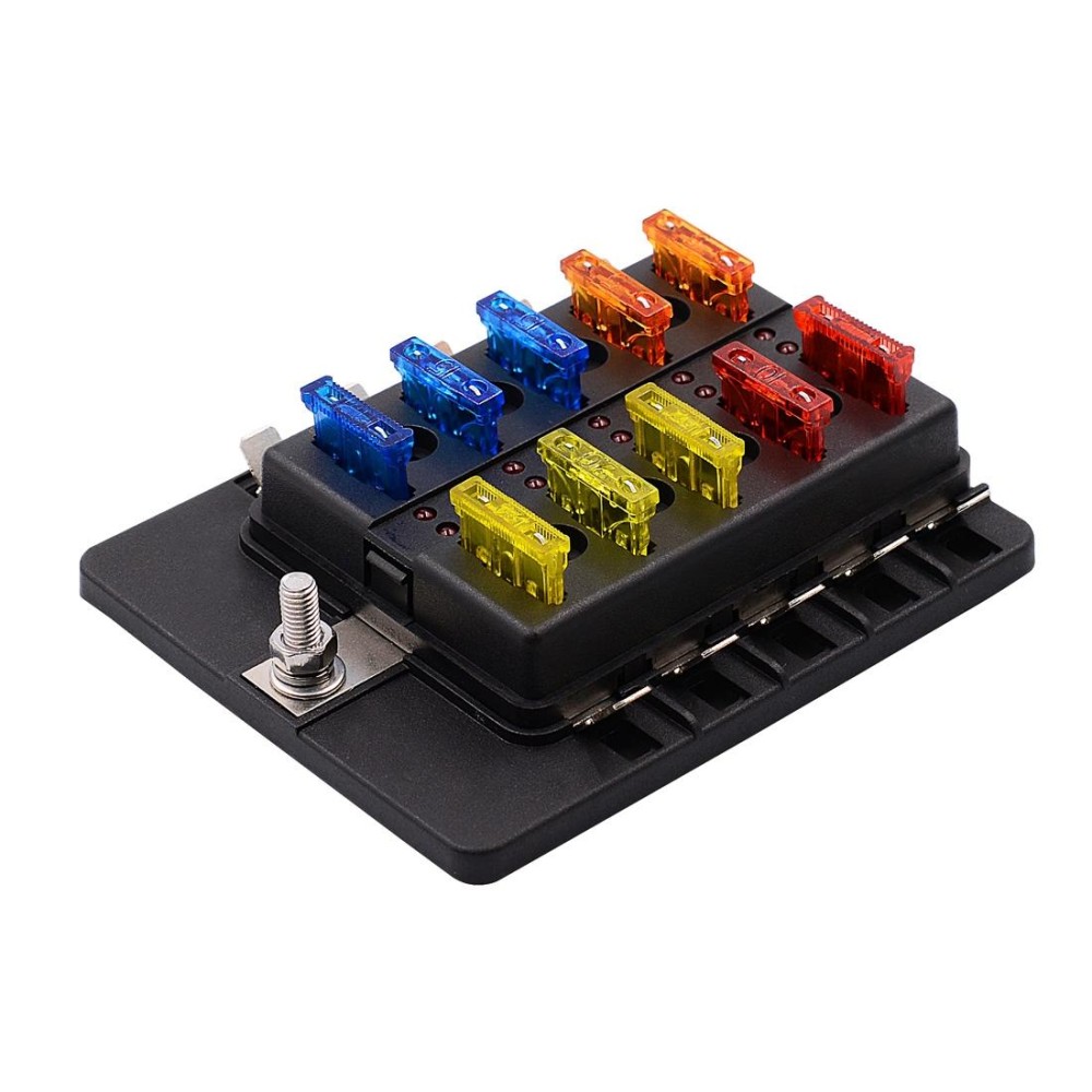 1 in 10 Out Fuse Box PC Terminal Block Fuse Holder Kits with LED Warning Indicator for Auto Car Truck Boat