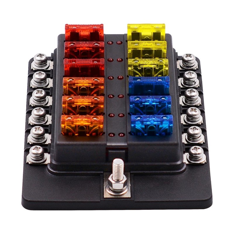 1 in 12 Out Fuse Box Screw Terminal Section Fuse Holder Kits with LED Warning Indicator for Auto Car Truck Boat