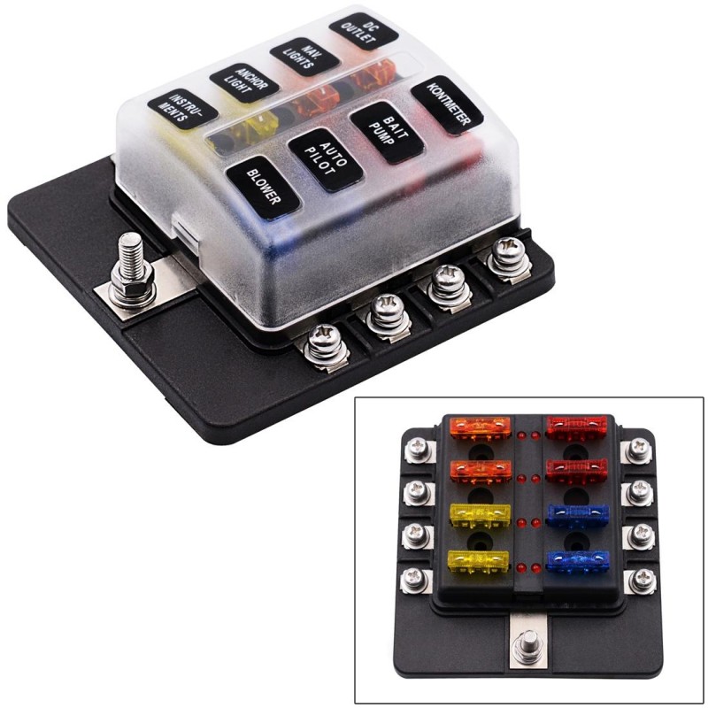1 in 8 Out Fuse Box Screw Terminal Section Fuse Holder Kits with LED Warning Indicator for Auto Car Truck Boat