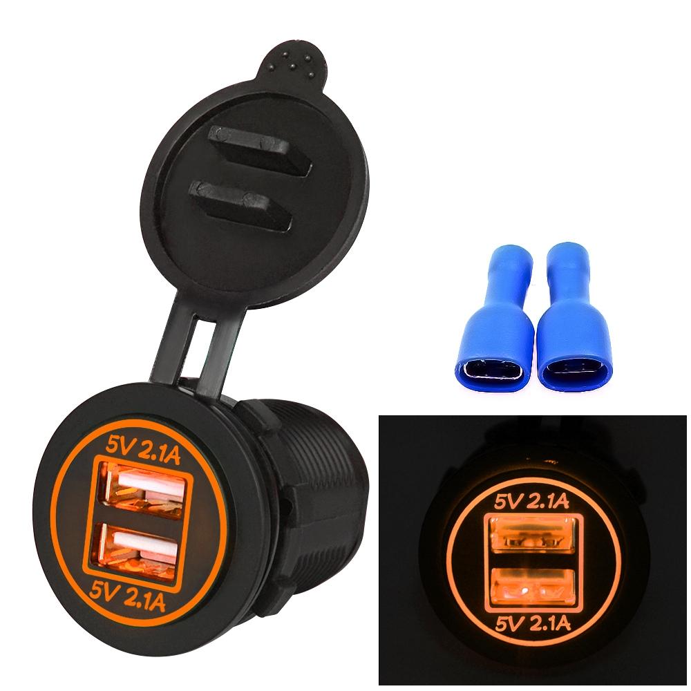 Universal Car Charger 2 Port Power Socket Power Dual USB Charger 5V 4.2A IP66 with Aperture(Orange Light)