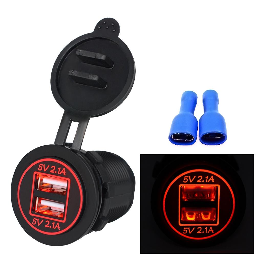 Universal Car Charger 2 Port Power Socket Power Dual USB Charger 5V 4.2A IP66 with Aperture(Red Light)