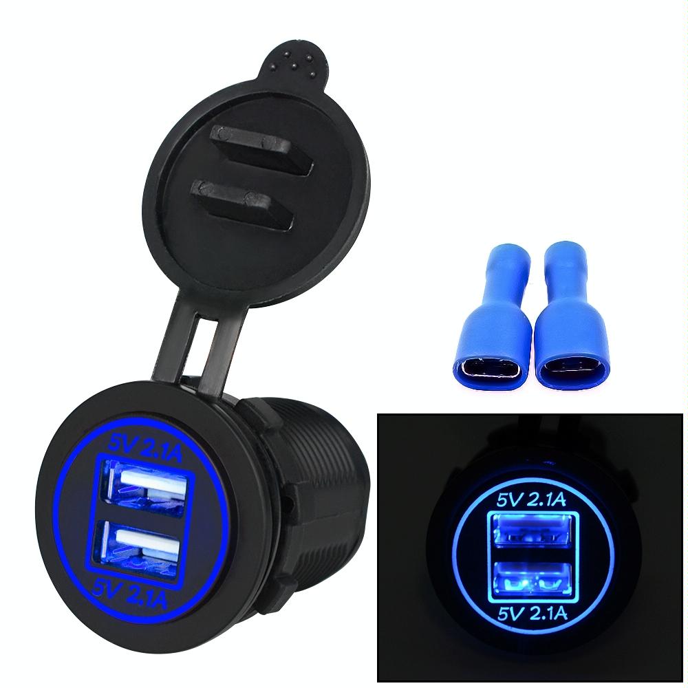 Universal Car Charger 2 Port Power Socket Power Dual USB Charger 5V 4.2A IP66 with Aperture(Blue Light)